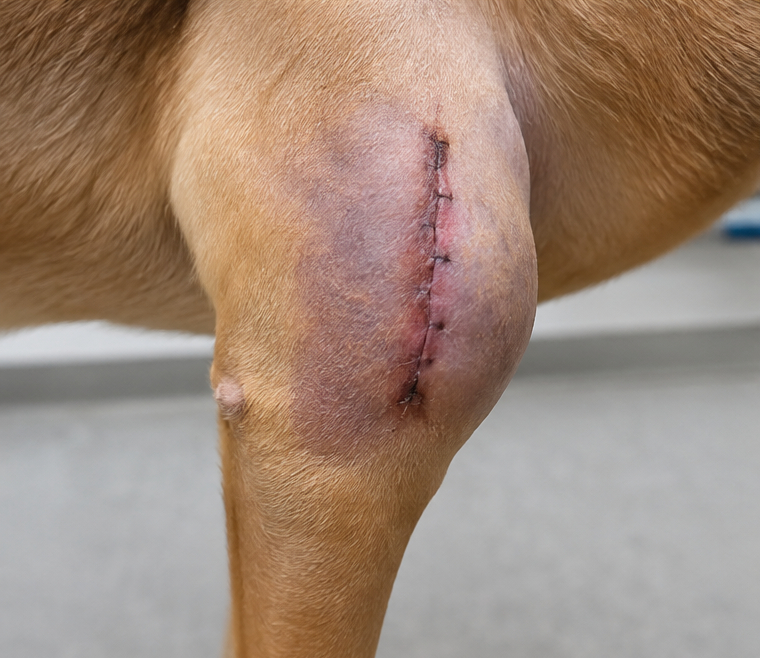 Postoperative swelling consistent with a seroma after TPLO surgery in a dog
