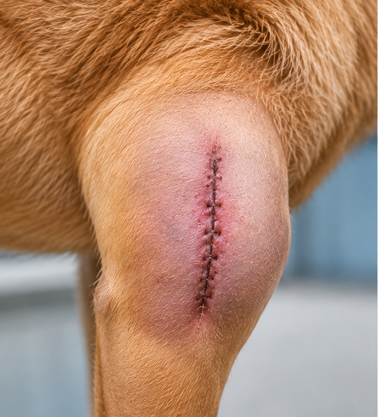 Healing TPLO surgical incision on a dog during postoperative recovery